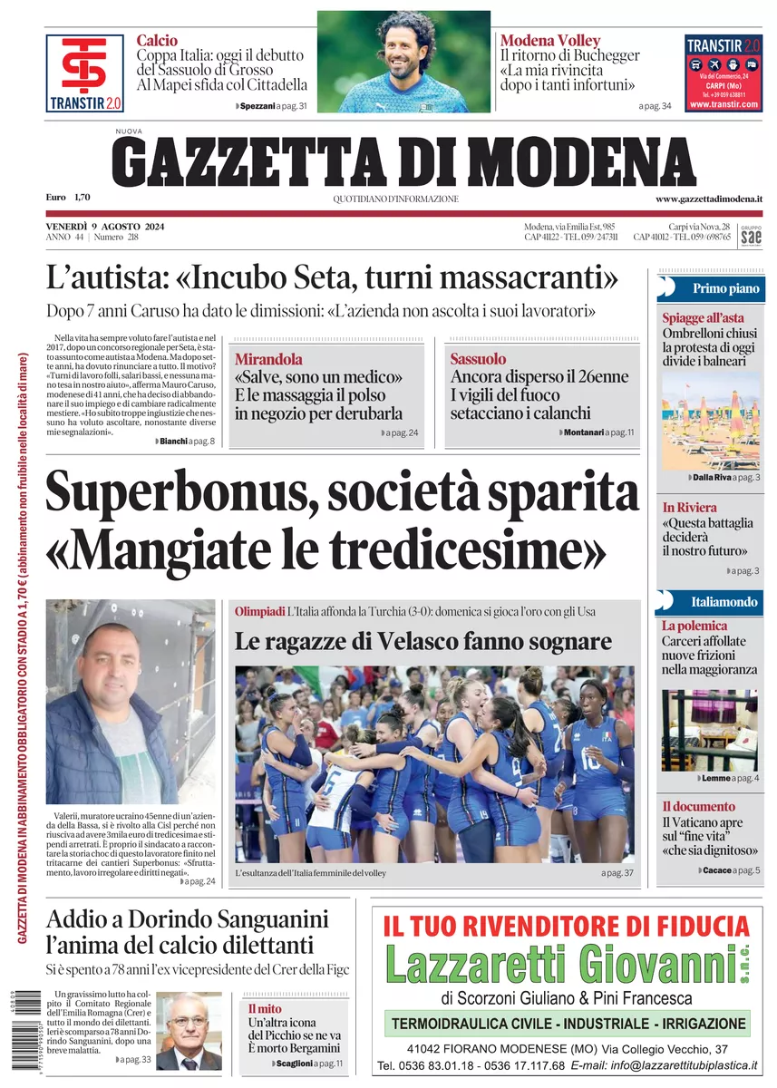 Prima-pagina-gazzetta di modena-oggi-edizione-del-2024-08-09